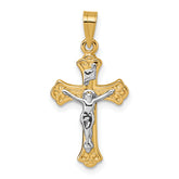 14k with White Rhodium Polished Fleur de Lis INRI Crucifix Cross Pendant