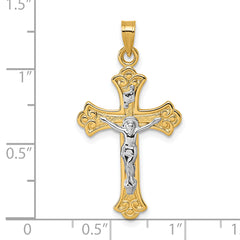 14k with White Rhodium Polished Fleur de Lis INRI Crucifix Cross Pendant