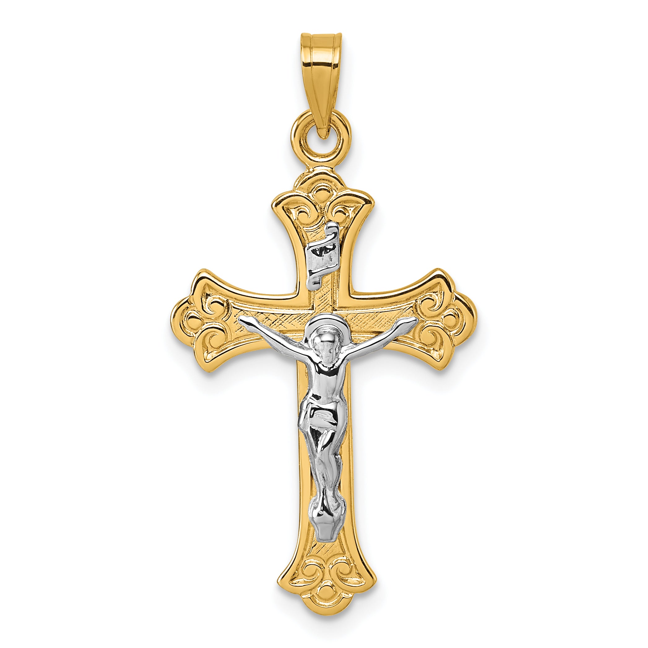 14k with White Rhodium Polished Fleur de Lis INRI Crucifix Cross Pendant