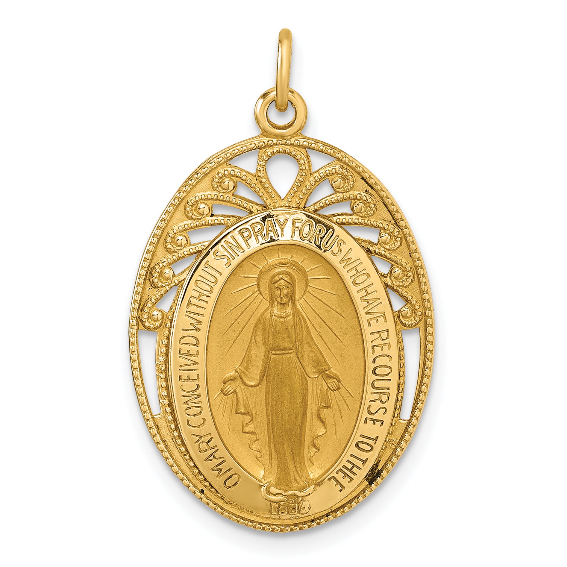 14k Polished and Satin Miraculous Medal in Frame Oval Pendant