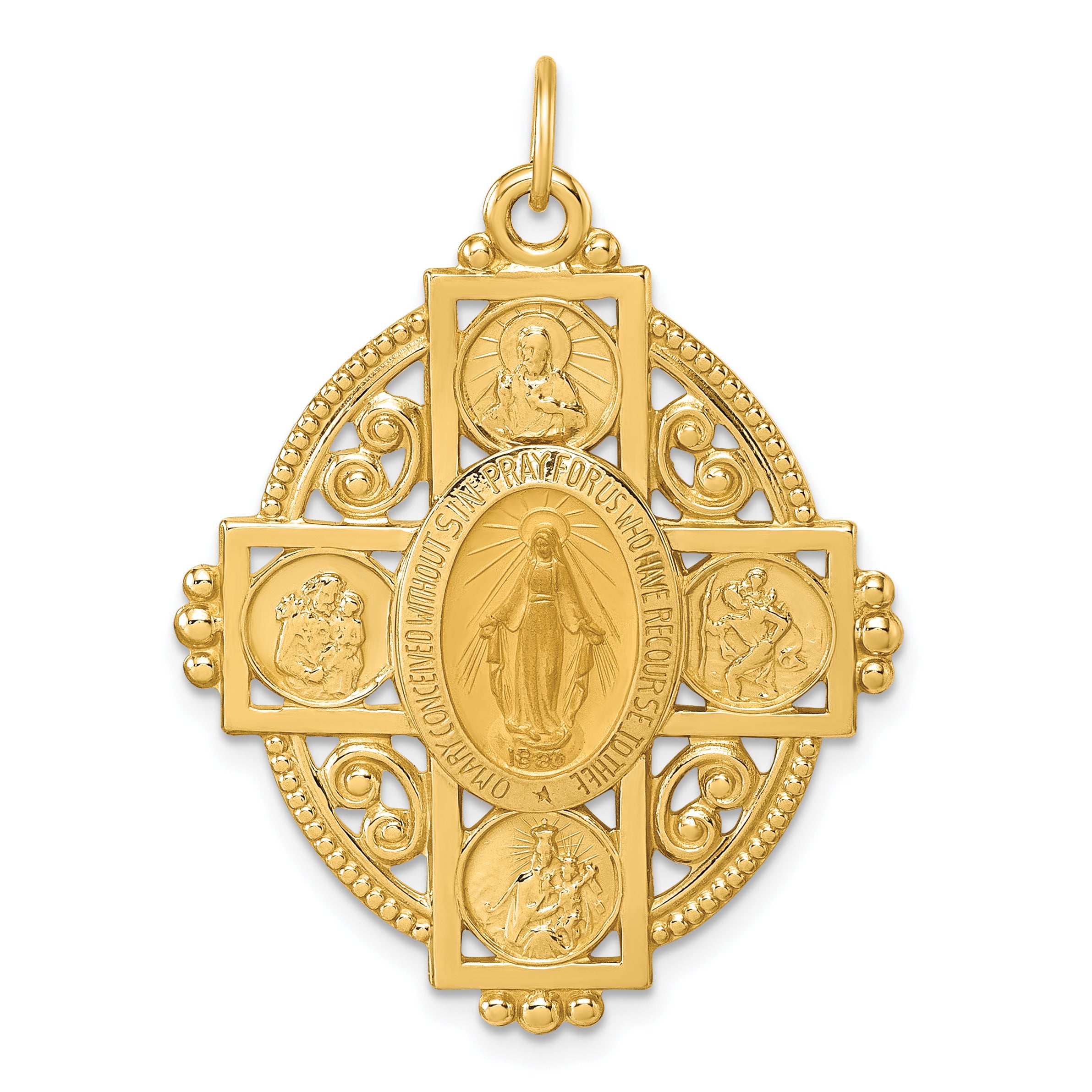 14k Polished Miraculous Medal and Four-way Cross in Filigree Oval Pendant