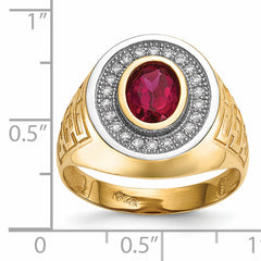 14k w/ Rhodium CZ & Oval Red CZ Mens Ring