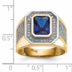14k w/ Rhodium CZ & Emerald-cut Blue CZ Mens Ring