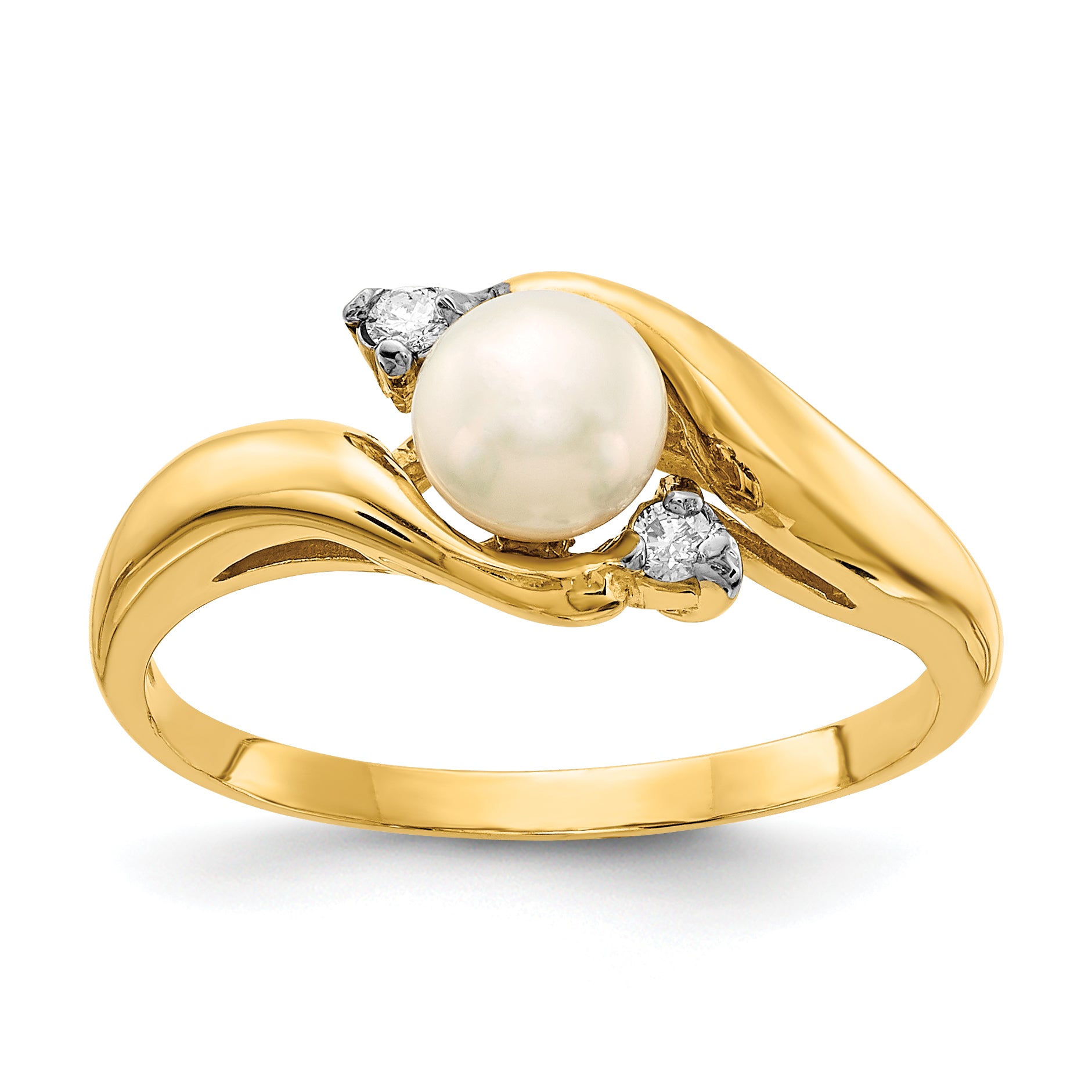 14k 5-6mm White Button Freshwater Cultured Pearl and .04 Carat Diamond Ring