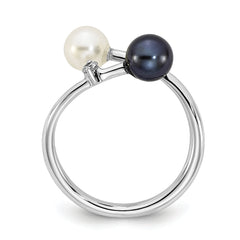 14k White Gold 5-6mm Black and White Round Akoya Saltwater Cultured Pearl and .04 Carat Diamond Adjustable Ring