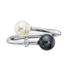 14k White Gold 5-6mm Black and White Round Akoya Saltwater Cultured Pearl and .04 Carat Diamond Adjustable Ring
