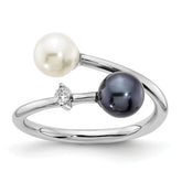 14k White Gold 5-6mm Black and White Round Akoya Saltwater Cultured Pearl and .04 Carat Diamond Adjustable Ring