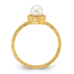 14K Brushed & Hammered 5-6mm Rnd Wht Freshwater Cultured Pearl Ring