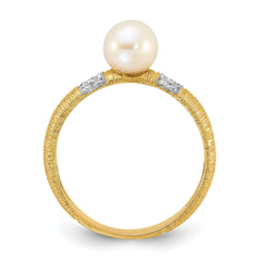 14K Textured 6-7mm Round White FWC Pearl and .09ct Diamond Ring