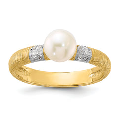 14K Textured 6-7mm Round White FWC Pearl and .09ct Diamond Ring