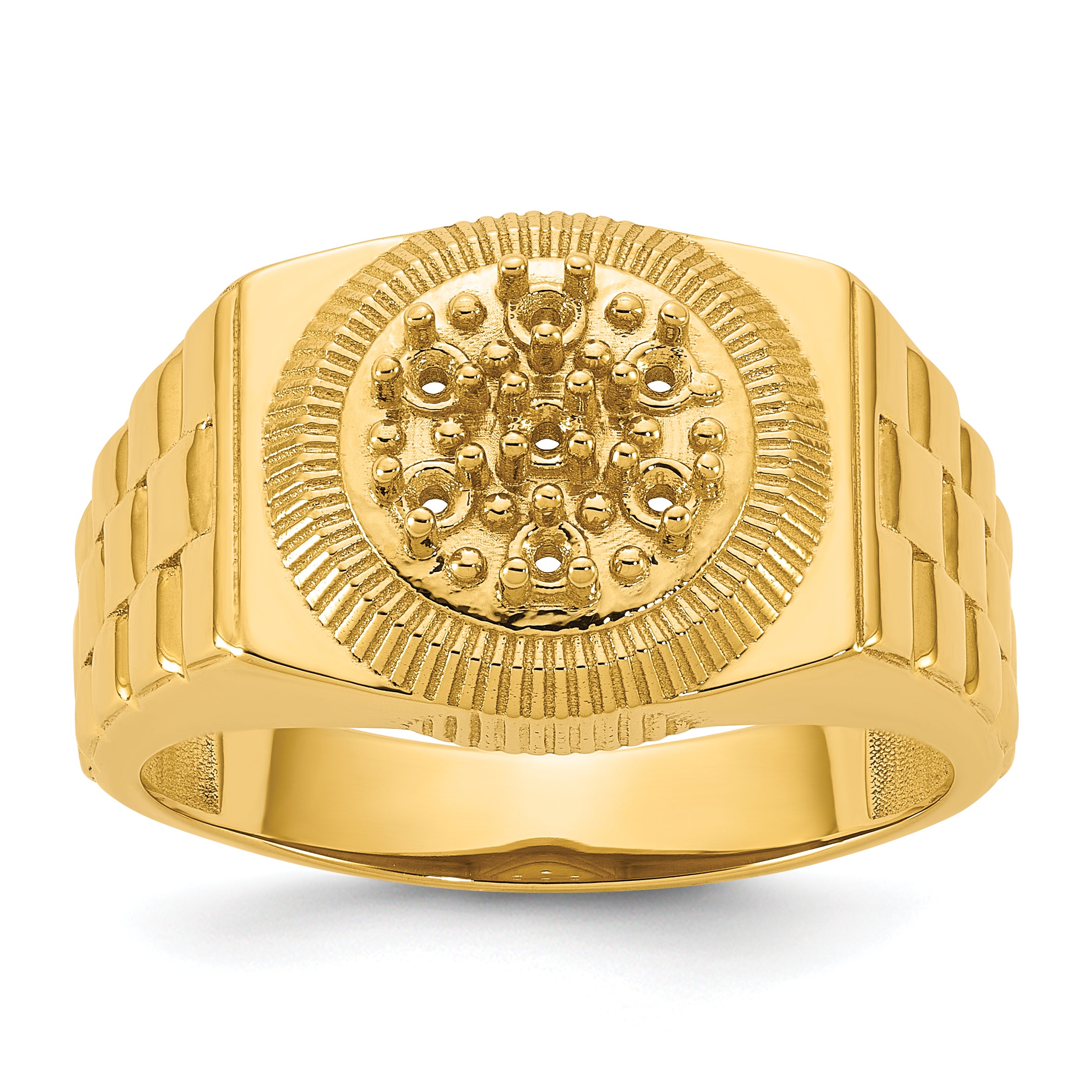 14k Ridged-Sides Circular Top Mens Diamond Ring Mounting (No Stone Included)