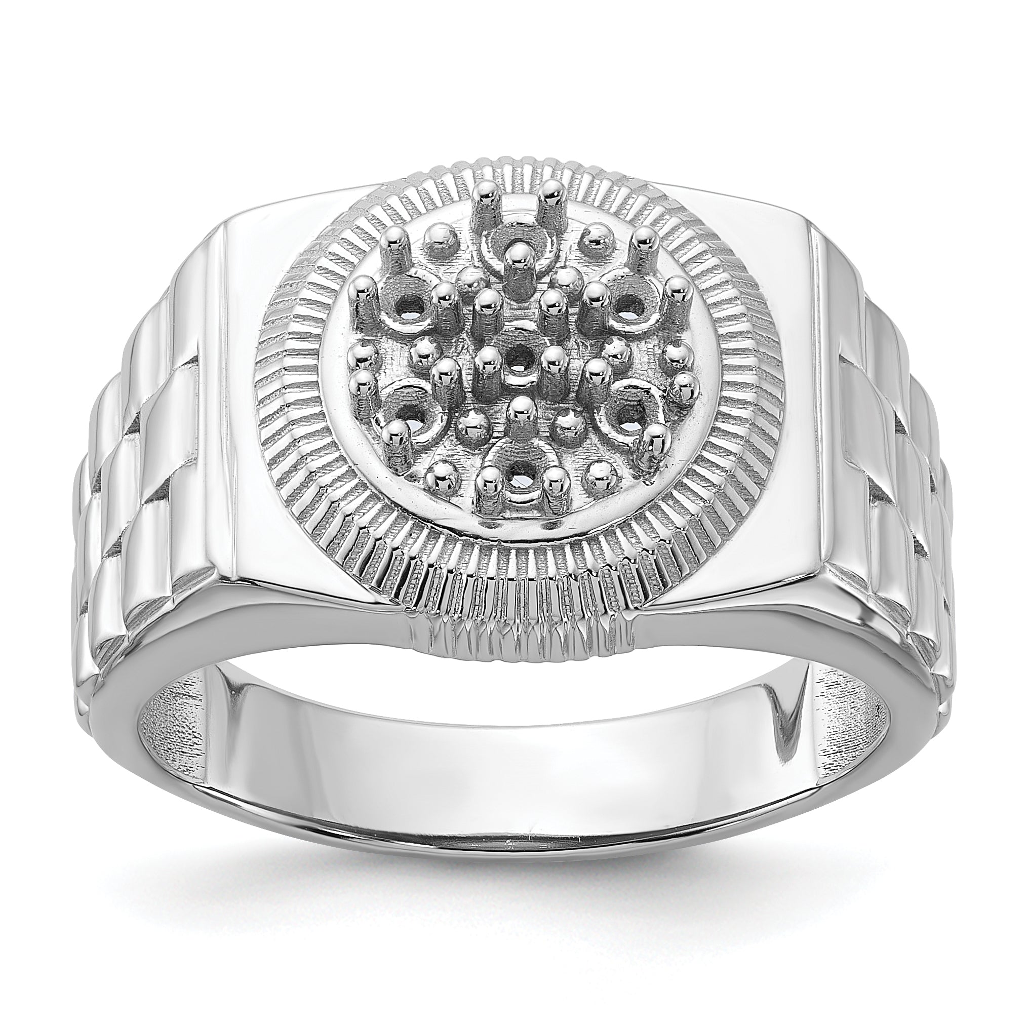 14k White Gold Ridged-Side Circular Top Mens Diamond Ring Mounting (No Stone Included)