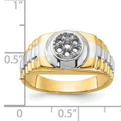 14k Two-Tone Ridged-Sides Circular Top Mens Ring Mounting (No Stone Included)