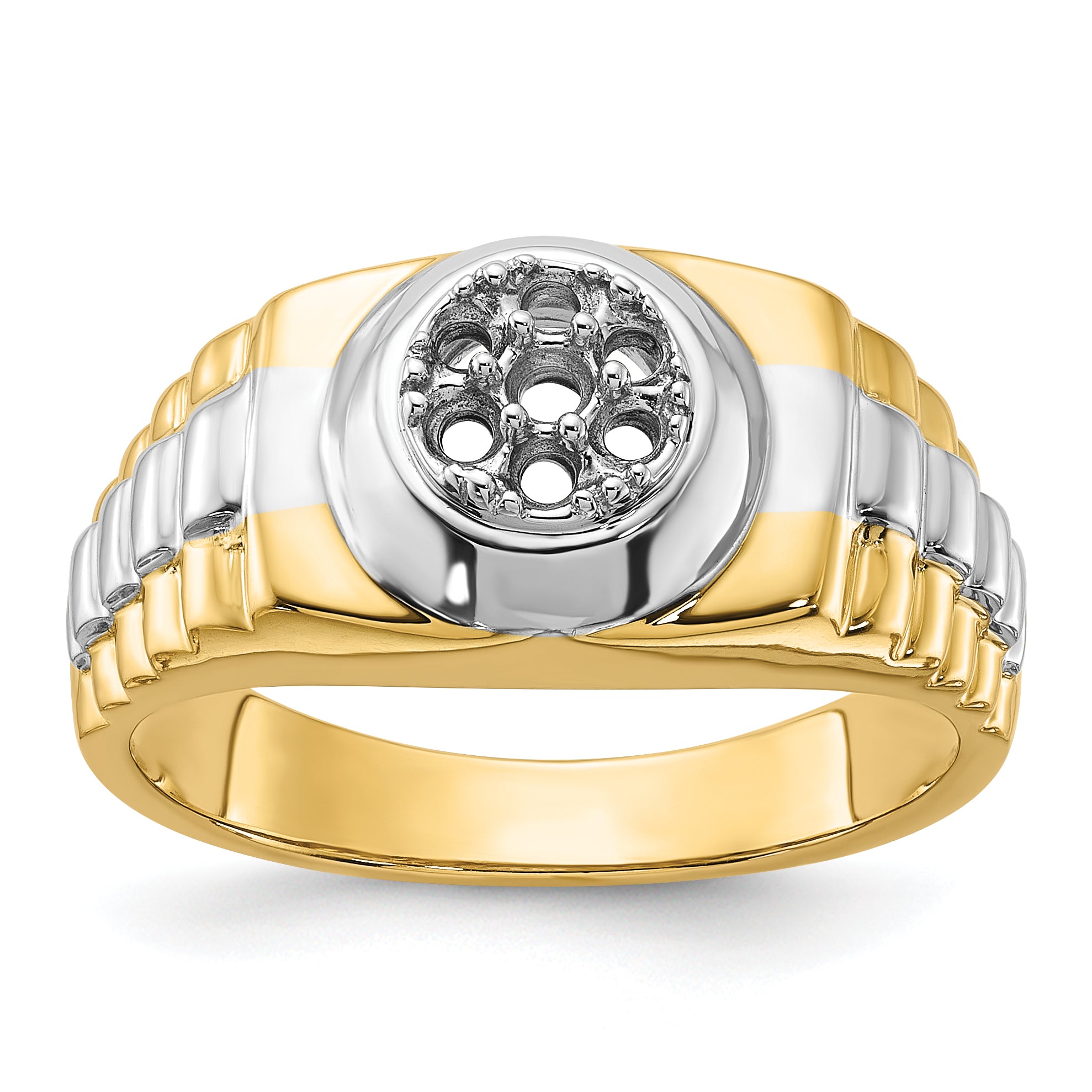 14k Two-Tone Ridged-Sides Circular Top Mens Ring Mounting (No Stone Included)