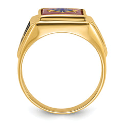 14k Men's Polished and Textured with Black Enamel and Lab Created Ruby Masonic Ring