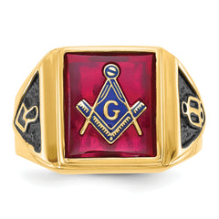 14k Men's Polished and Textured with Black Enamel and Lab Created Ruby Masonic Ring