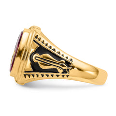 14k Men's Polished and Textured with Black Enamel and Lab Created Ruby Masonic Ring