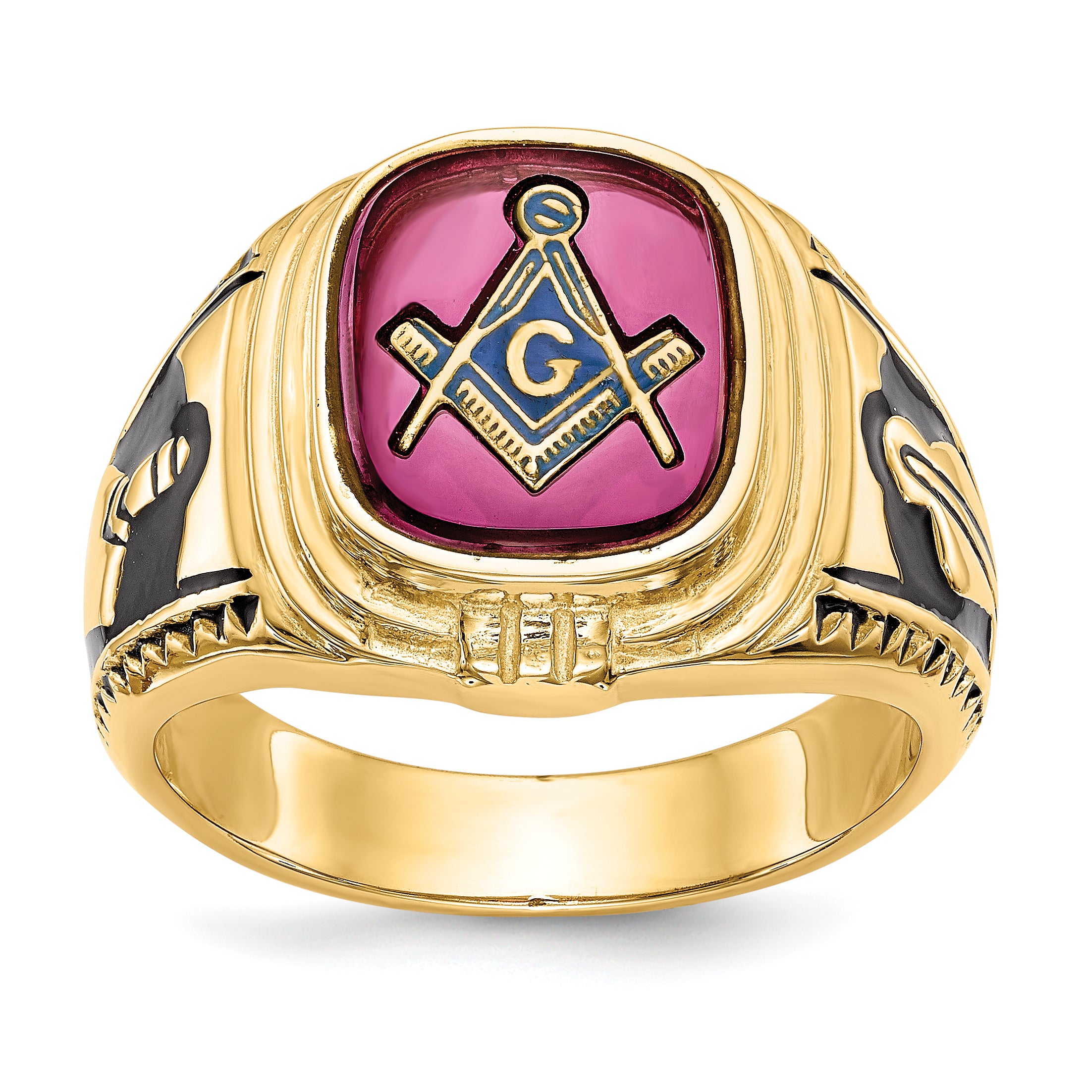 14k Men's Polished and Textured with Black Enamel and Lab Created Ruby Masonic Ring