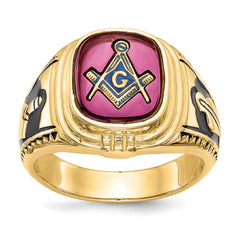 14k Men's Polished and Textured with Black Enamel and Lab Created Ruby Masonic Ring