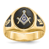 14k Men's Polished and Textured with Black Enamel and Oval Onyx Masonic Ring