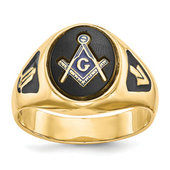 14k Men's Polished and Textured with Black Enamel and Oval Onyx Masonic Ring
