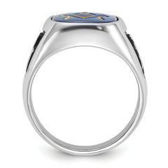 14k White Gold Men's Polished and Textured with Black Enamel and Imitation Blue Spinel Masonic Ring