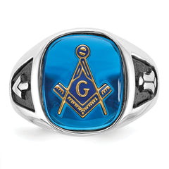 14k White Gold Men's Polished and Textured with Black Enamel and Imitation Blue Spinel Masonic Ring
