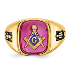 14k Men's Polished and Textured with Black Enamel and Lab Created Ruby Masonic Ring