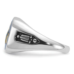 14k White Gold Men's Polished and Grooved with Black Enamel and Imitation Blue Spinel Masonic Ring