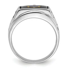 14k White Gold Men's Polished and Textured with Black Enamel and Onyx Masonic Ring