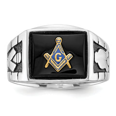 14k White Gold Men's Polished and Textured with Black Enamel and Onyx Masonic Ring