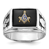 14k White Gold Men's Polished and Textured with Black Enamel and Onyx Masonic Ring