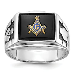 14k White Gold Men's Polished and Textured with Black Enamel and Onyx Masonic Ring