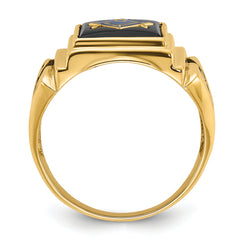 14k Men's Polished and Textured with Black Enamel and Onyx Masonic Ring