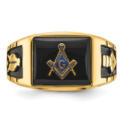 14k Men's Polished and Textured with Black Enamel and Onyx Masonic Ring