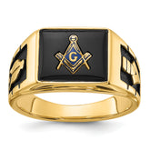 14k Men's Polished and Textured with Black Enamel and Onyx Masonic Ring