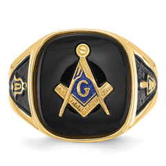14k Men's Polished and Textured with Black Enamel and Onyx Masonic Ring