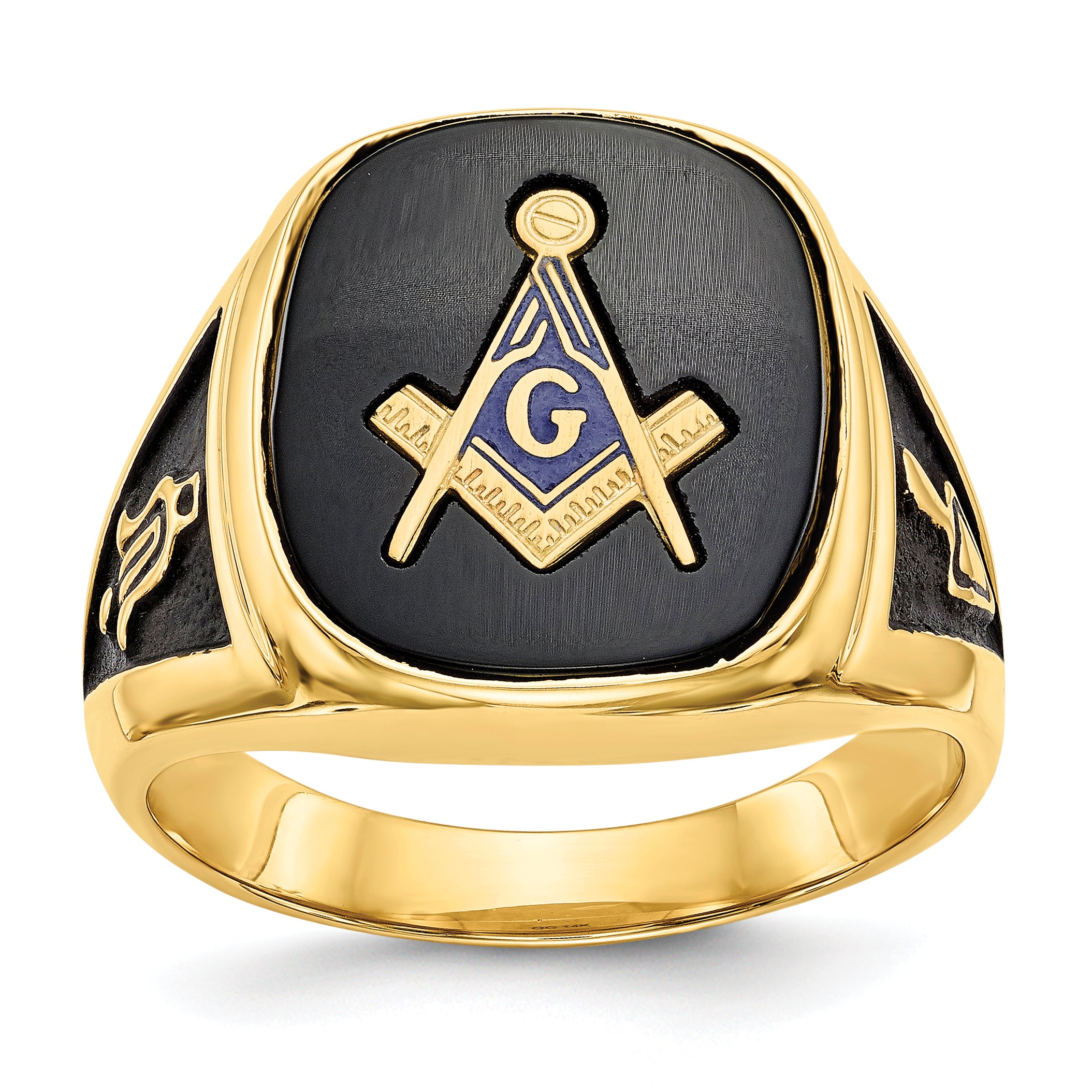 14k Men's Polished and Textured with Black Enamel and Onyx Masonic Ring