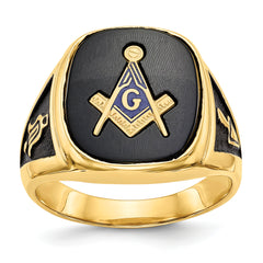 14k Men's Polished and Textured with Black Enamel and Onyx Masonic Ring