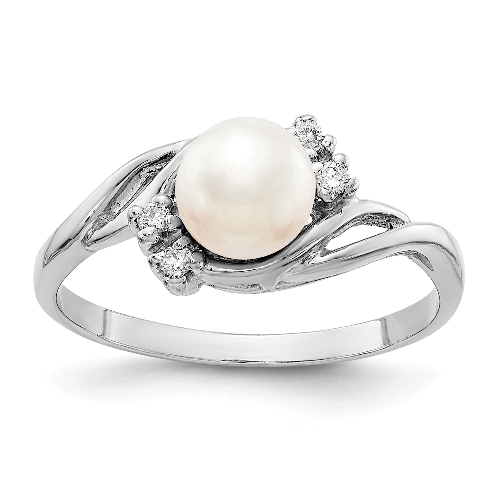 14k White Gold 6mm FW Cultured Pearl AA Diamond Ring