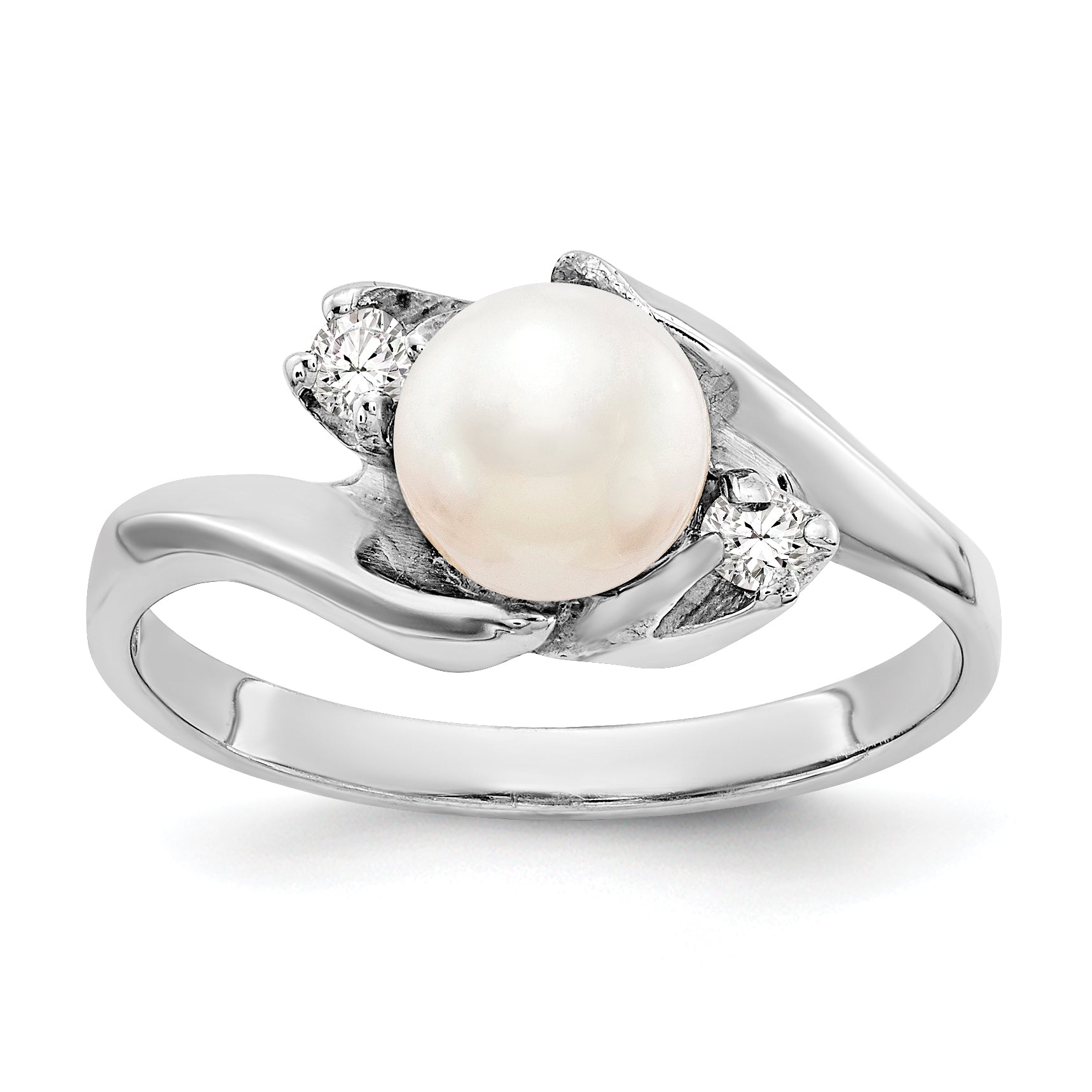 14k White Gold 6mm FW Cultured Pearl AA Diamond ring