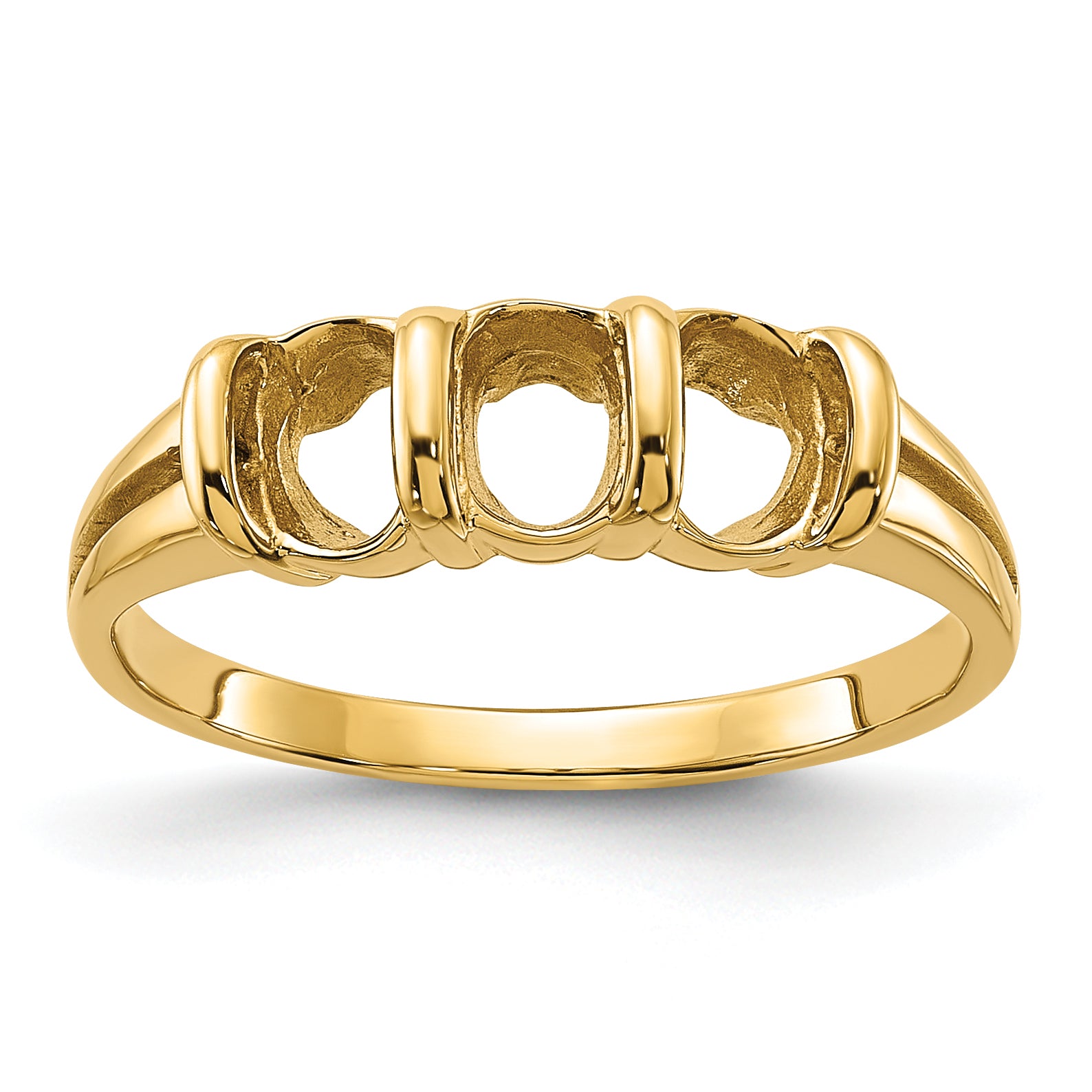 14k Polished 3-stone 6x4 Oval Gemstone Ring Mounting (No Stone Included)