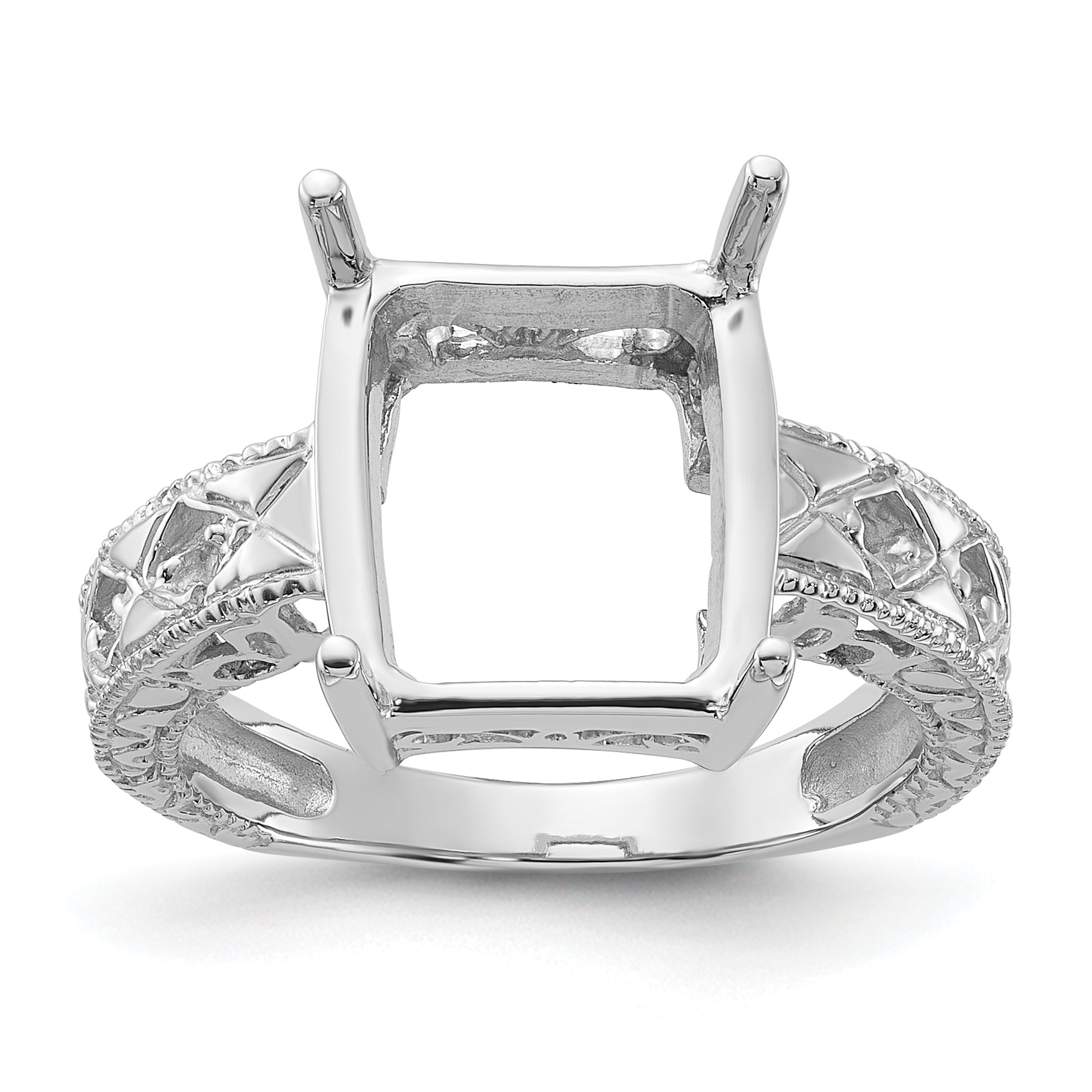 14k White Gold .02ct. Diamond & 12x10 Emerald-cut Gemstone Ring Mounting (No Stone Included)