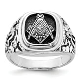 14k White Gold Men's Polished Antiqued and Textured with Black Enamel and A Quality Diamonds Masonic Ring