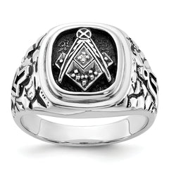 14k White Gold Men's Polished Antiqued and Textured with Black Enamel and AA Quality Diamonds Masonic Ring