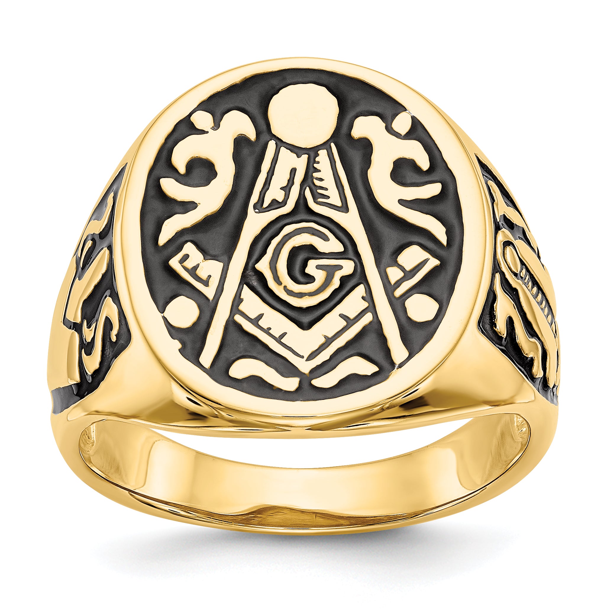 14k Men's Polished and Grooved with Black Enamel Masonic Ring