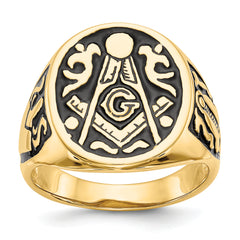 14k Men's Polished and Grooved with Black Enamel Masonic Ring