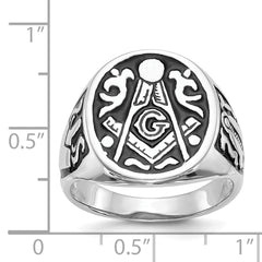 14k White Gold Men's Polished and Grooved with Black Enamel Masonic Ring