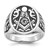 14k White Gold Men's Polished and Grooved with Black Enamel Masonic Ring