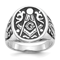 14k White Gold Men's Polished and Grooved with Black Enamel Masonic Ring